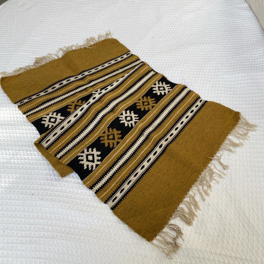 Vintage Handwoven Wool Kilim Rug Flat weave Mexican Southwest Gold Black - Picture 2 of 8